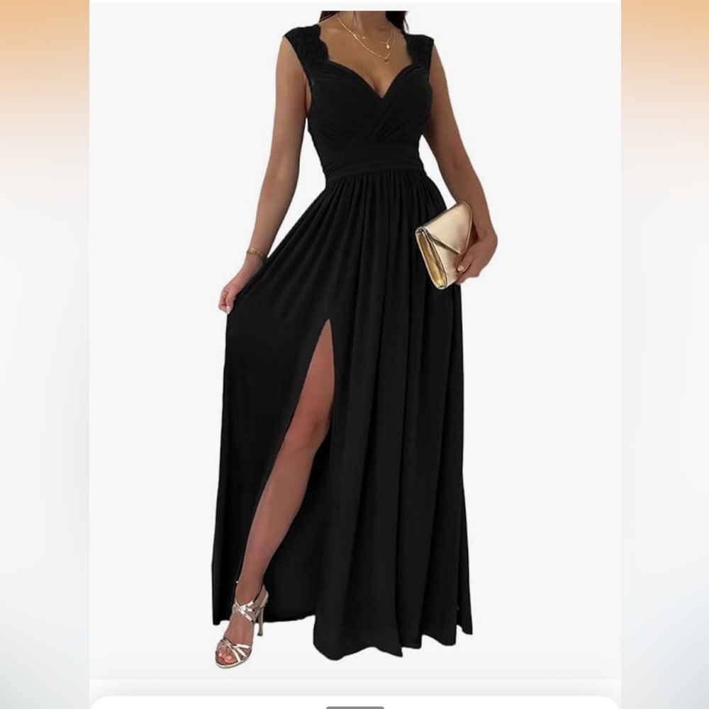 Dakotoo Sleeveless Black V-Neck Maxi Dress with High Side Slit Size XL